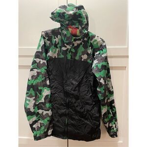Lands End Packable Jacket Black Green Camo Windbreaker Raincoat Boys Sz XL